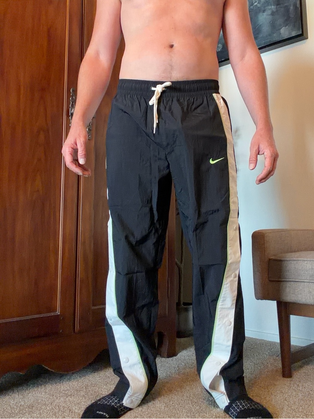 Nike Men’s Black Snap Pants with White & Neon Green Trim - Size Medium